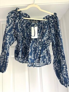 Blue and white Floral Off-Shoulder Peasant Blouse
